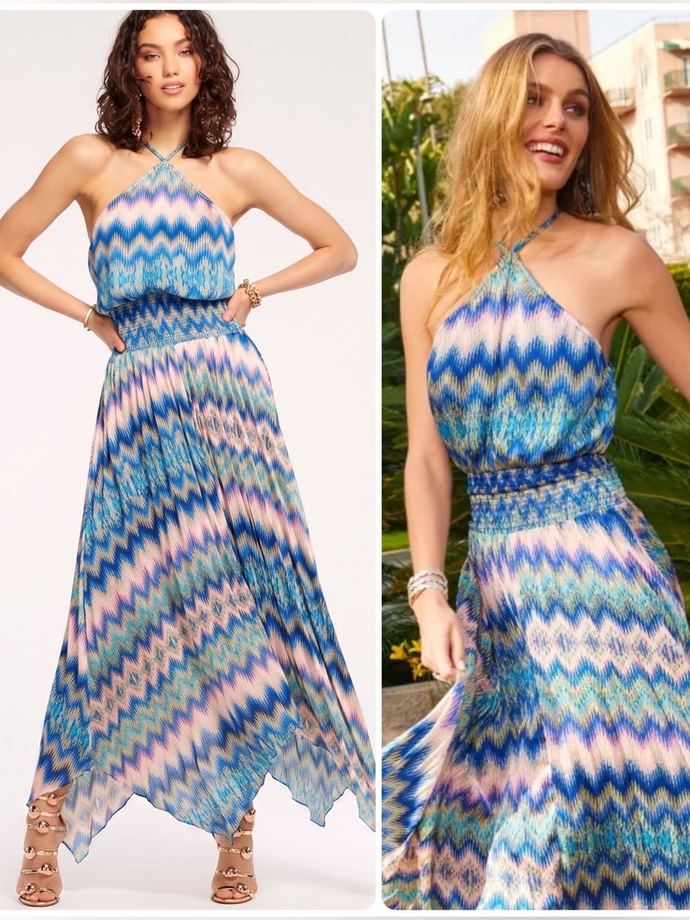 Ramy Brook Giana Chevron Print Halter Asymmetrical Hem Maxi Dress NWT $595
